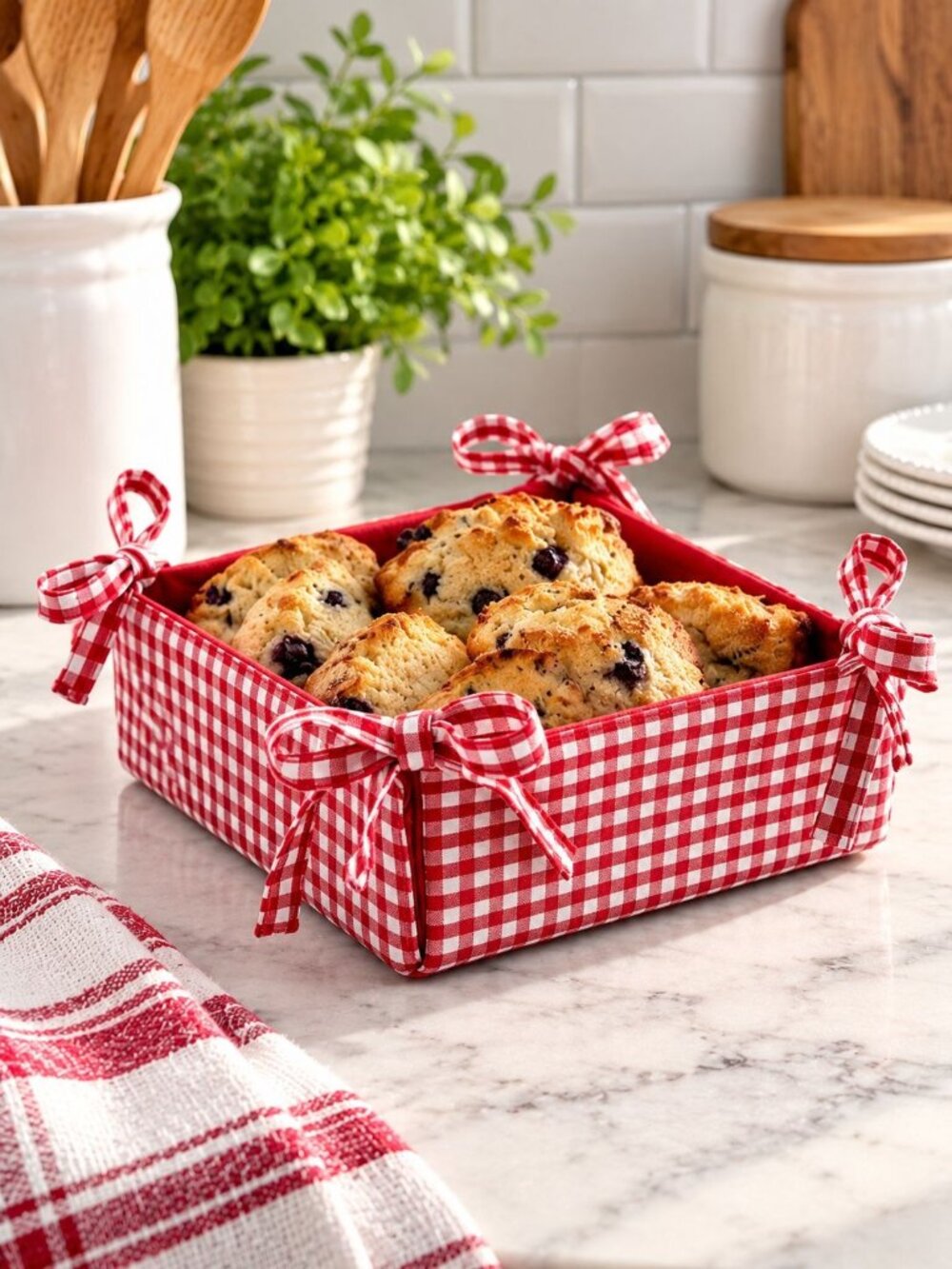 Red Gingham Collapsible Food Warmer Basket With Tied Ribbons For Serving Or Baki